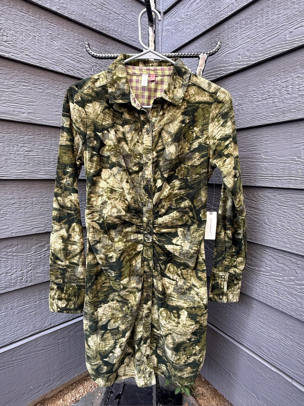 Anthropologie Pilcro Green Ruched Corduroy Button Down Shirt Dress Green size 0